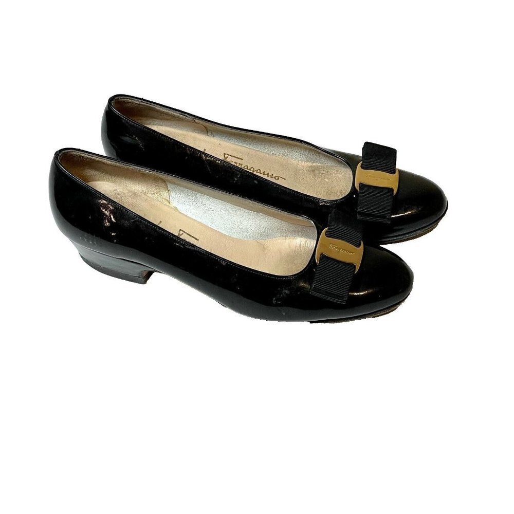 Salvatore Ferragamo Varina Ballet‎ Flats Womens 4.5 B Blac Patent Leather Bow